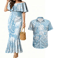 Aloha Hawaii Turtles Floral Couples Matching Mermaid Dress and Hawaiian Shirt Aqua Marbles Glaze LT7 Aqua - Polynesian Pride
