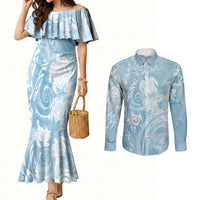 Aloha Hawaii Turtles Floral Couples Matching Mermaid Dress and Long Sleeve Button Shirt Aqua Marbles Glaze LT7 Aqua - Polynesian Pride