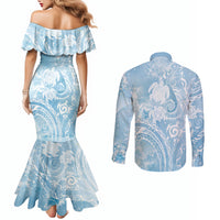 Aloha Hawaii Turtles Floral Couples Matching Mermaid Dress and Long Sleeve Button Shirt Aqua Marbles Glaze