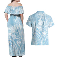 Aloha Hawaii Turtles Floral Couples Matching Off Shoulder Maxi Dress and Hawaiian Shirt Aqua Marbles Glaze LT7 - Polynesian Pride