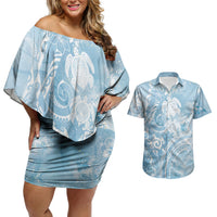 Aloha Hawaii Turtles Floral Couples Matching Off Shoulder Short Dress and Hawaiian Shirt Aqua Marbles Glaze LT7 Aqua - Polynesian Pride