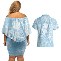 Aloha Hawaii Turtles Floral Couples Matching Off Shoulder Short Dress and Hawaiian Shirt Aqua Marbles Glaze