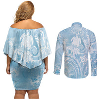 Aloha Hawaii Turtles Floral Couples Matching Off Shoulder Short Dress and Long Sleeve Button Shirt Aqua Marbles Glaze