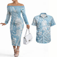 Aloha Hawaii Turtles Floral Couples Matching Off The Shoulder Long Sleeve Dress and Hawaiian Shirt Aqua Marbles Glaze LT7 Aqua - Polynesian Pride