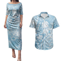 Aloha Hawaii Turtles Floral Couples Matching Puletasi and Hawaiian Shirt Aqua Marbles Glaze LT7 Aqua - Polynesian Pride