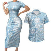 Aloha Hawaii Turtles Floral Couples Matching Short Sleeve Bodycon Dress and Hawaiian Shirt Aqua Marbles Glaze LT7 Aqua - Polynesian Pride