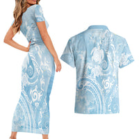 Aloha Hawaii Turtles Floral Couples Matching Short Sleeve Bodycon Dress and Hawaiian Shirt Aqua Marbles Glaze