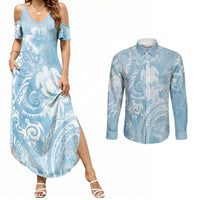 Aloha Hawaii Turtles Floral Couples Matching Summer Maxi Dress and Long Sleeve Button Shirt Aqua Marbles Glaze LT7 Aqua - Polynesian Pride