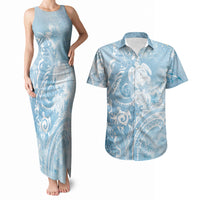 Aloha Hawaii Turtles Floral Couples Matching Tank Maxi Dress and Hawaiian Shirt Aqua Marbles Glaze LT7 Aqua - Polynesian Pride