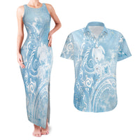 Aloha Hawaii Turtles Floral Couples Matching Tank Maxi Dress and Hawaiian Shirt Aqua Marbles Glaze