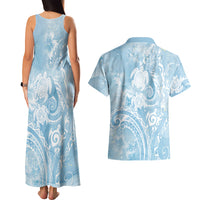 Aloha Hawaii Turtles Floral Couples Matching Tank Maxi Dress and Hawaiian Shirt Aqua Marbles Glaze