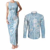 Aloha Hawaii Turtles Floral Couples Matching Tank Maxi Dress and Long Sleeve Button Shirt Aqua Marbles Glaze LT7 Aqua - Polynesian Pride