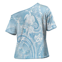 Aloha Hawaii Turtles Floral Cross Shoulder Shirt Aqua Marbles Glaze