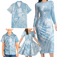 Aloha Hawaii Turtles Floral Family Matching Long Sleeve Bodycon Dress and Hawaiian Shirt Aqua Marbles Glaze LT7 - Polynesian Pride