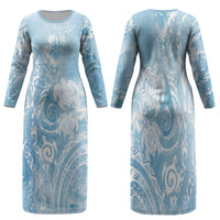 Aloha Hawaii Turtles Floral Family Matching Long Sleeve Bodycon Dress and Hawaiian Shirt Aqua Marbles Glaze LT7 Mom's Dress Aqua - Polynesian Pride