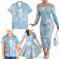 Aloha Hawaii Turtles Floral Family Matching Off The Shoulder Long Sleeve Dress and Hawaiian Shirt Aqua Marbles Glaze LT7 - Polynesian Pride