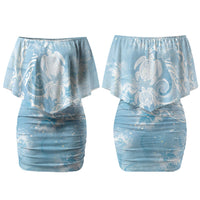 Aloha Hawaii Turtles Floral Family Matching Off Shoulder Short Dress and Hawaiian Shirt Aqua Marbles Glaze LT7 Mom's Dress Aqua - Polynesian Pride