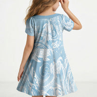 Aloha Hawaii Turtles Floral Kid Short Sleeve Dress Aqua Marbles Glaze LT7 - Polynesian Pride