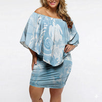 Aloha Hawaii Turtles Floral Off Shoulder Short Dress Aqua Marbles Glaze LT7 Women Aqua - Polynesian Pride