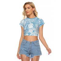 Aloha Hawaii Turtles Floral Raglan Cropped T Shirt Aqua Marbles Glaze