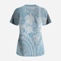Aloha Hawaii Turtles Floral Scrub Top Aqua Marbles Glaze