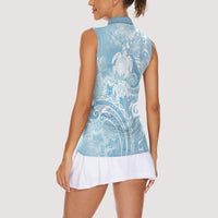 Aloha Hawaii Turtles Floral Women Sleeveless Polo Shirt Aqua Marbles Glaze