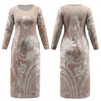 Aloha Hawaii Turtles Floral Couples Matching Long Sleeve Bodycon Dress and Hawaiian Shirt Taupe Marbles Glaze LT7 - Polynesian Pride