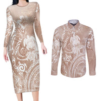 Aloha Hawaii Turtles Floral Couples Matching Long Sleeve Bodycon Dress and Long Sleeve Button Shirt Taupe Marbles Glaze