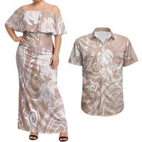 Aloha Hawaii Turtles Floral Couples Matching Off Shoulder Maxi Dress and Hawaiian Shirt Taupe Marbles Glaze LT7 Taupe - Polynesian Pride