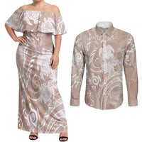 Aloha Hawaii Turtles Floral Couples Matching Off Shoulder Maxi Dress and Long Sleeve Button Shirt Taupe Marbles Glaze LT7 Taupe - Polynesian Pride
