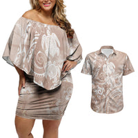 Aloha Hawaii Turtles Floral Couples Matching Off Shoulder Short Dress and Hawaiian Shirt Taupe Marbles Glaze LT7 Taupe - Polynesian Pride