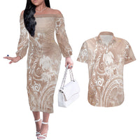 Aloha Hawaii Turtles Floral Couples Matching Off The Shoulder Long Sleeve Dress and Hawaiian Shirt Taupe Marbles Glaze LT7 Taupe - Polynesian Pride