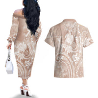 Aloha Hawaii Turtles Floral Couples Matching Off The Shoulder Long Sleeve Dress and Hawaiian Shirt Taupe Marbles Glaze LT7 - Polynesian Pride