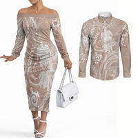 Aloha Hawaii Turtles Floral Couples Matching Off The Shoulder Long Sleeve Dress and Long Sleeve Button Shirt Taupe Marbles Glaze LT7 Taupe - Polynesian Pride