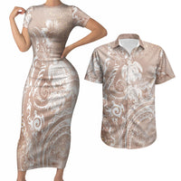 Aloha Hawaii Turtles Floral Couples Matching Short Sleeve Bodycon Dress and Hawaiian Shirt Taupe Marbles Glaze LT7 Taupe - Polynesian Pride