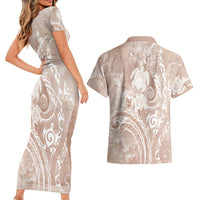 Aloha Hawaii Turtles Floral Couples Matching Short Sleeve Bodycon Dress and Hawaiian Shirt Taupe Marbles Glaze LT7 - Polynesian Pride