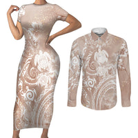 Aloha Hawaii Turtles Floral Couples Matching Short Sleeve Bodycon Dress and Long Sleeve Button Shirt Taupe Marbles Glaze