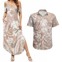 Aloha Hawaii Turtles Floral Couples Matching Summer Maxi Dress and Hawaiian Shirt Taupe Marbles Glaze LT7 Taupe - Polynesian Pride