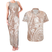 Aloha Hawaii Turtles Floral Couples Matching Tank Maxi Dress and Hawaiian Shirt Taupe Marbles Glaze