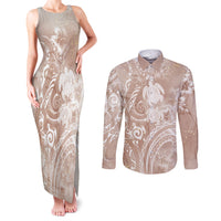 Aloha Hawaii Turtles Floral Couples Matching Tank Maxi Dress and Long Sleeve Button Shirt Taupe Marbles Glaze LT7 Taupe - Polynesian Pride