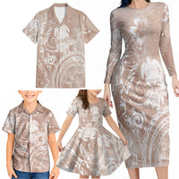 Aloha Hawaii Turtles Floral Family Matching Long Sleeve Bodycon Dress and Hawaiian Shirt Taupe Marbles Glaze LT7 - Polynesian Pride