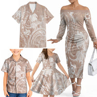 Aloha Hawaii Turtles Floral Family Matching Off The Shoulder Long Sleeve Dress and Hawaiian Shirt Taupe Marbles Glaze LT7 - Polynesian Pride