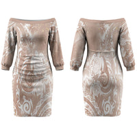 Aloha Hawaii Turtles Floral Family Matching Off The Shoulder Long Sleeve Dress and Hawaiian Shirt Taupe Marbles Glaze LT7 Mom's Dress Taupe - Polynesian Pride