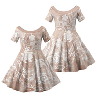 Aloha Hawaii Turtles Floral Family Matching Off Shoulder Maxi Dress and Hawaiian Shirt Taupe Marbles Glaze LT7 Daughter's Dress Taupe - Polynesian Pride