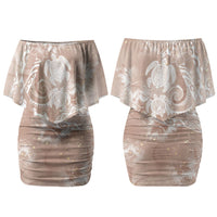 Aloha Hawaii Turtles Floral Family Matching Off Shoulder Short Dress and Hawaiian Shirt Taupe Marbles Glaze LT7 Mom's Dress Taupe - Polynesian Pride