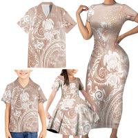 Aloha Hawaii Turtles Floral Family Matching Short Sleeve Bodycon Dress and Hawaiian Shirt Taupe Marbles Glaze
