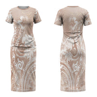 Aloha Hawaii Turtles Floral Family Matching Short Sleeve Bodycon Dress and Hawaiian Shirt Taupe Marbles Glaze LT7 Mom's Dress Taupe - Polynesian Pride