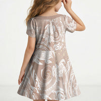 Aloha Hawaii Turtles Floral Kid Short Sleeve Dress Taupe Marbles Glaze LT7 - Polynesian Pride