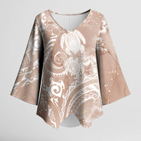 Aloha Hawaii Turtles Floral Kimono Sleeve Blouse Taupe Marbles Glaze