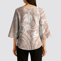 Aloha Hawaii Turtles Floral Kimono Sleeve Blouse Taupe Marbles Glaze